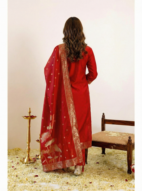 Premium Art Silk Jacquard Suit Set with Dupatta – Red