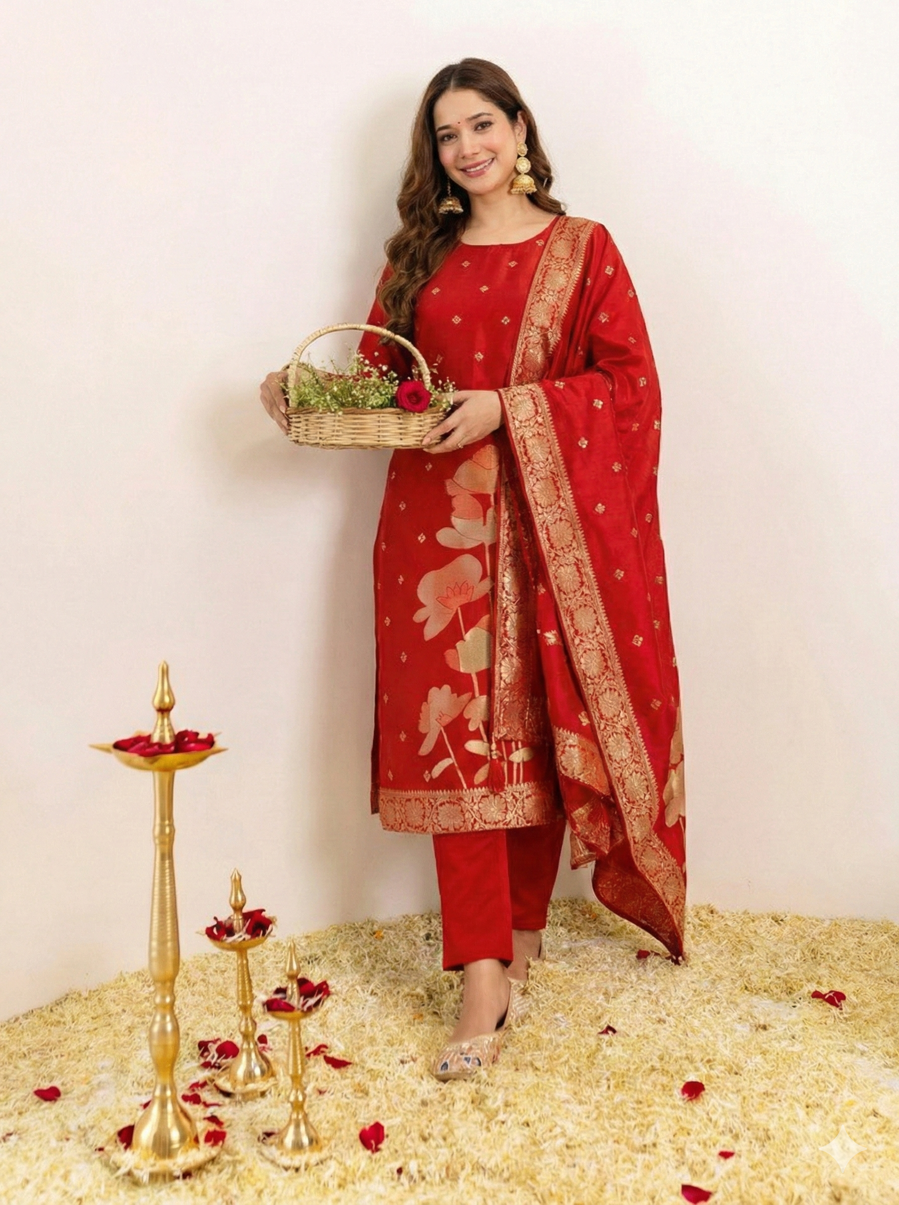 Premium Art Silk Jacquard Suit Set with Dupatta – Red
