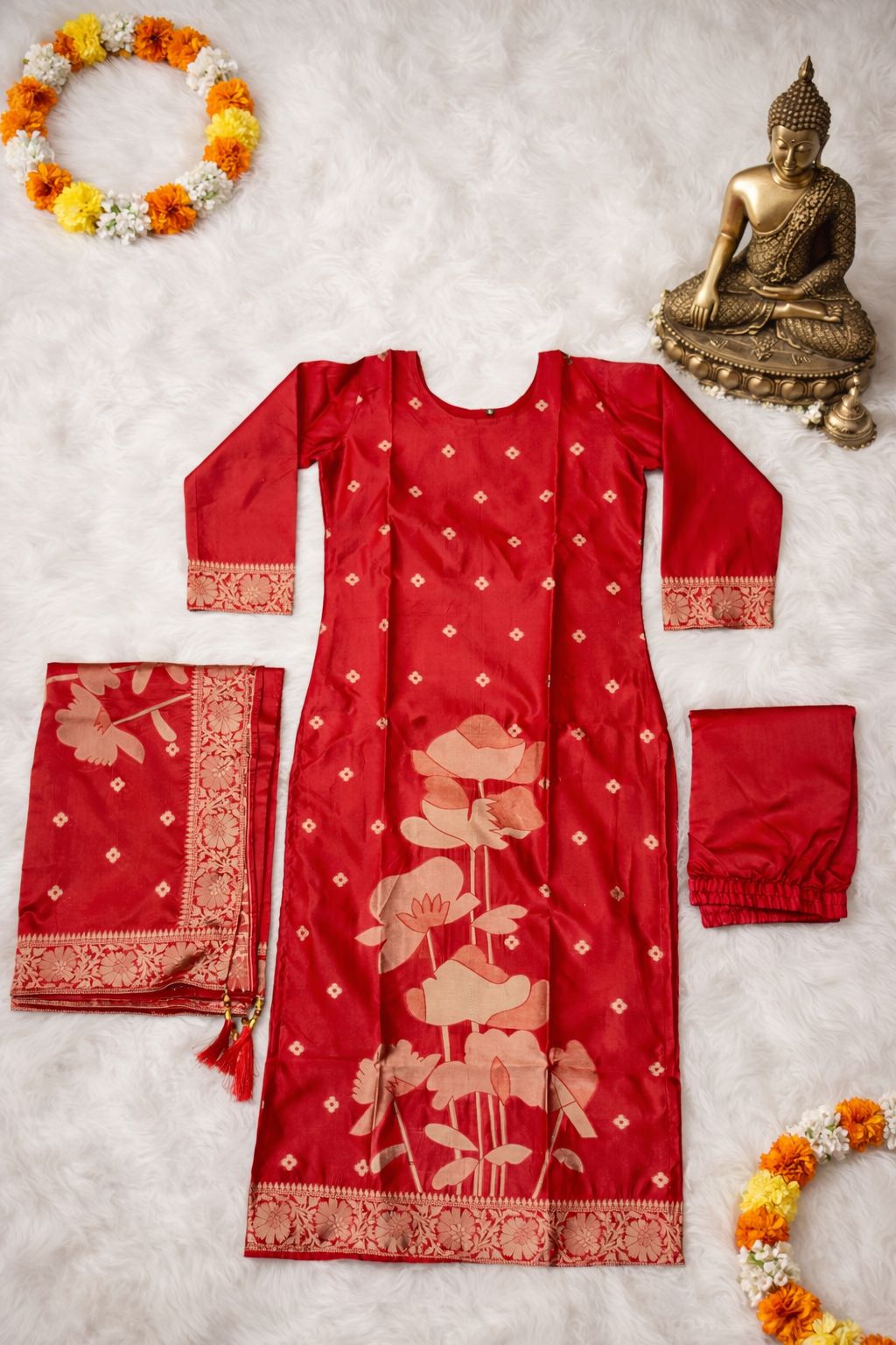Premium Art Silk Jacquard Suit Set with Dupatta – Red